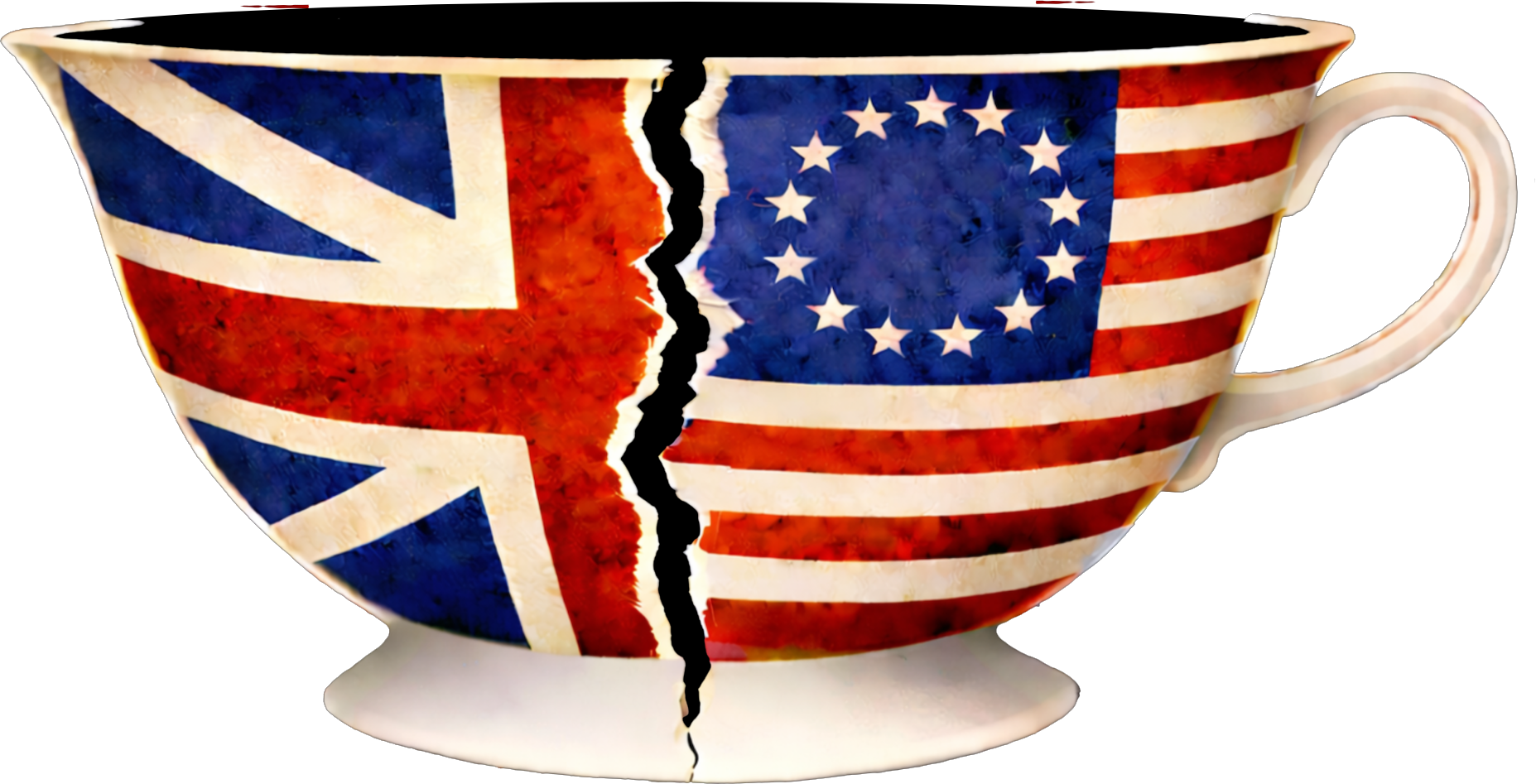 A teacup torn down the middle, painted with the Union Jack on one side and the 13-star American flag on the other