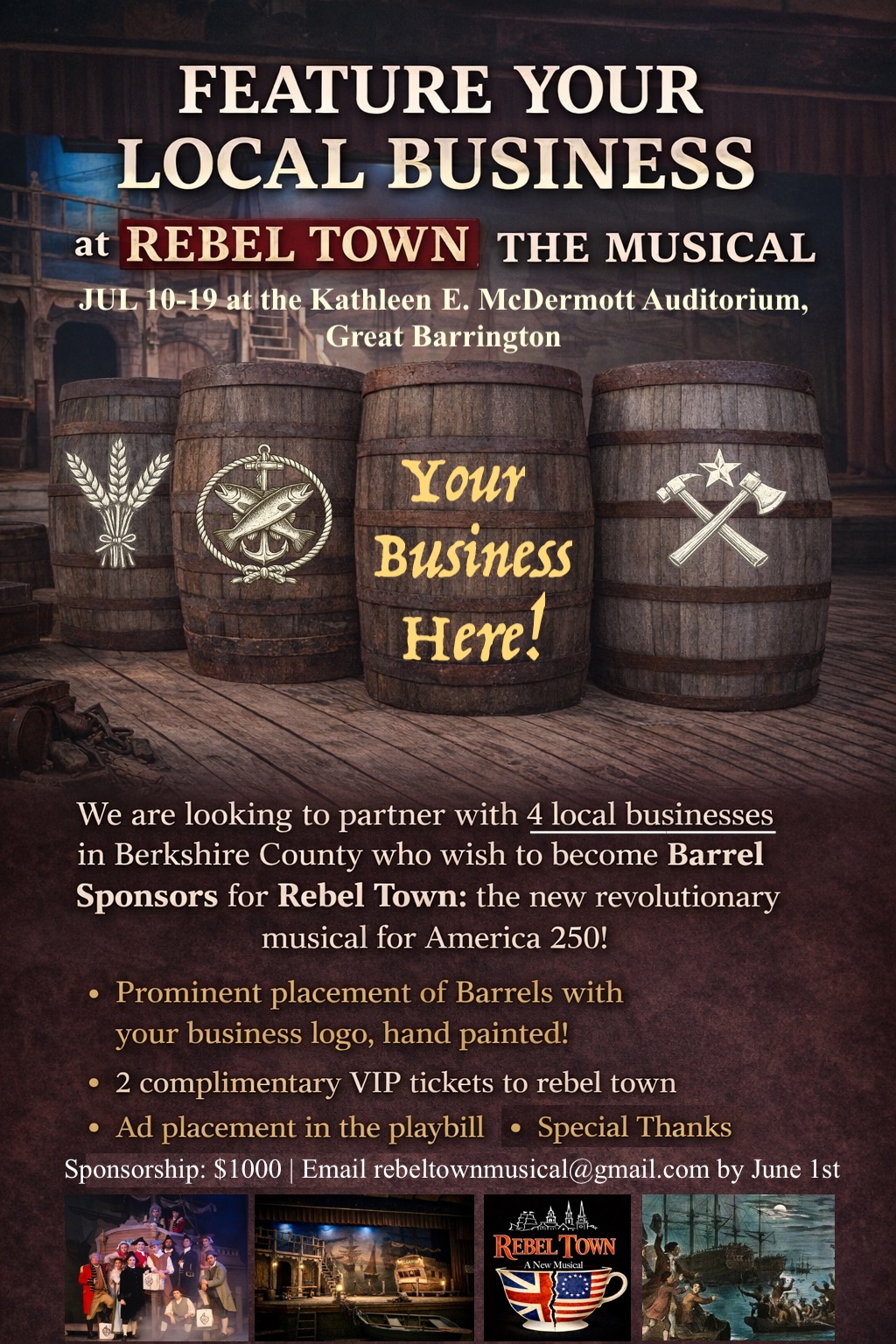 Four hand-painted barrels marked 'East India Co.', representing the Barrel Sponsor opportunity