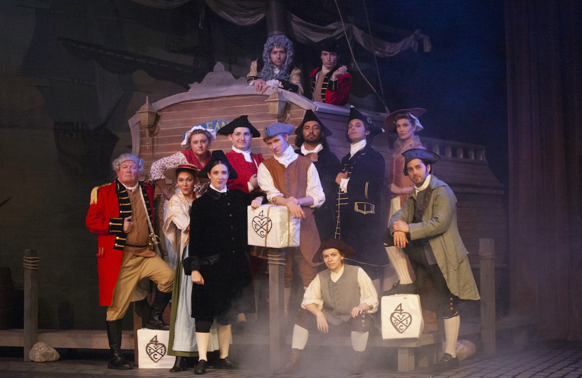 The full Rebel Town company in costume aboard the East India Company ship at the Duffin Theatre, 2024