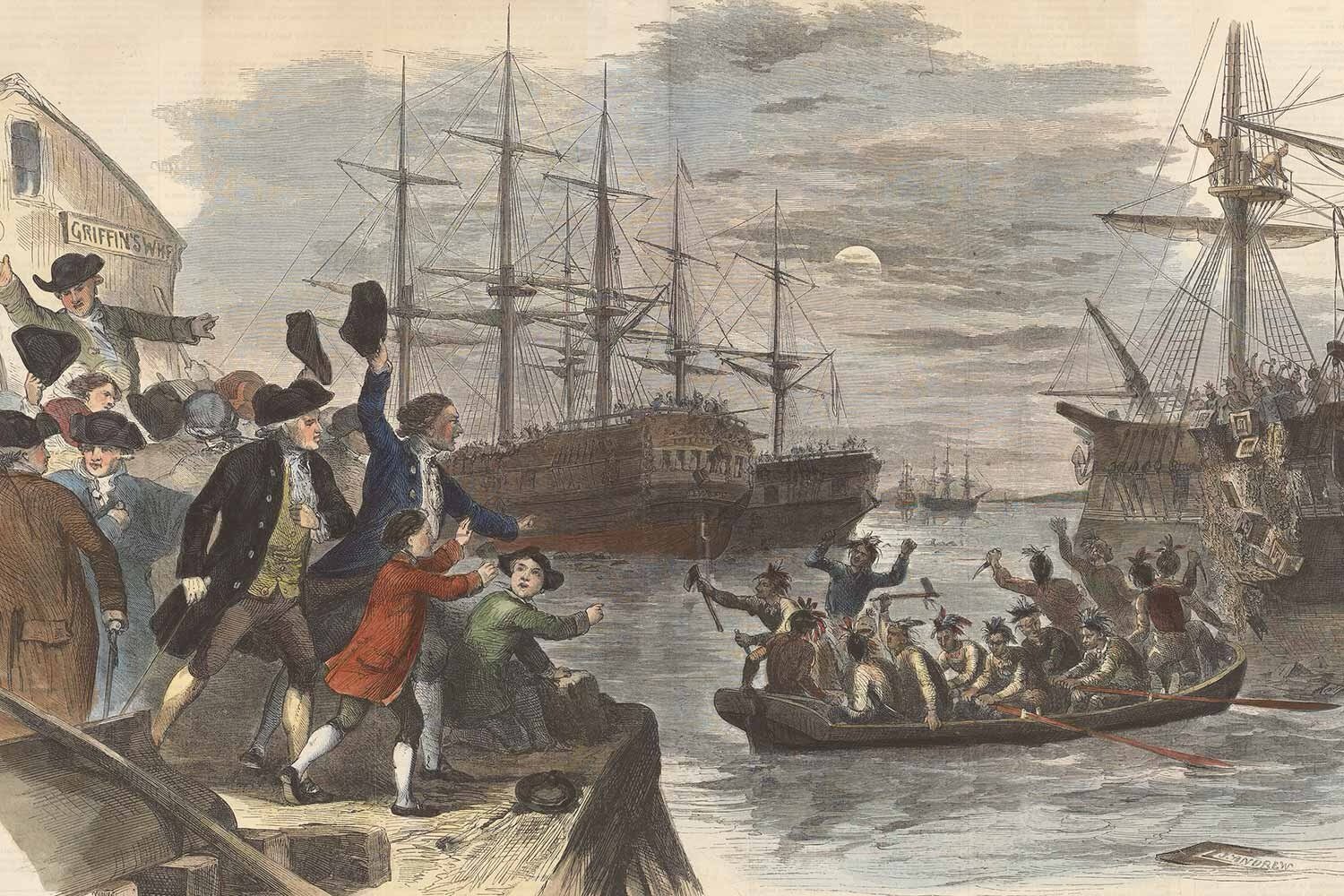 The Rebel Town stage set: a dock with the ship Eleanor and a painted Boston Harbor backdrop
